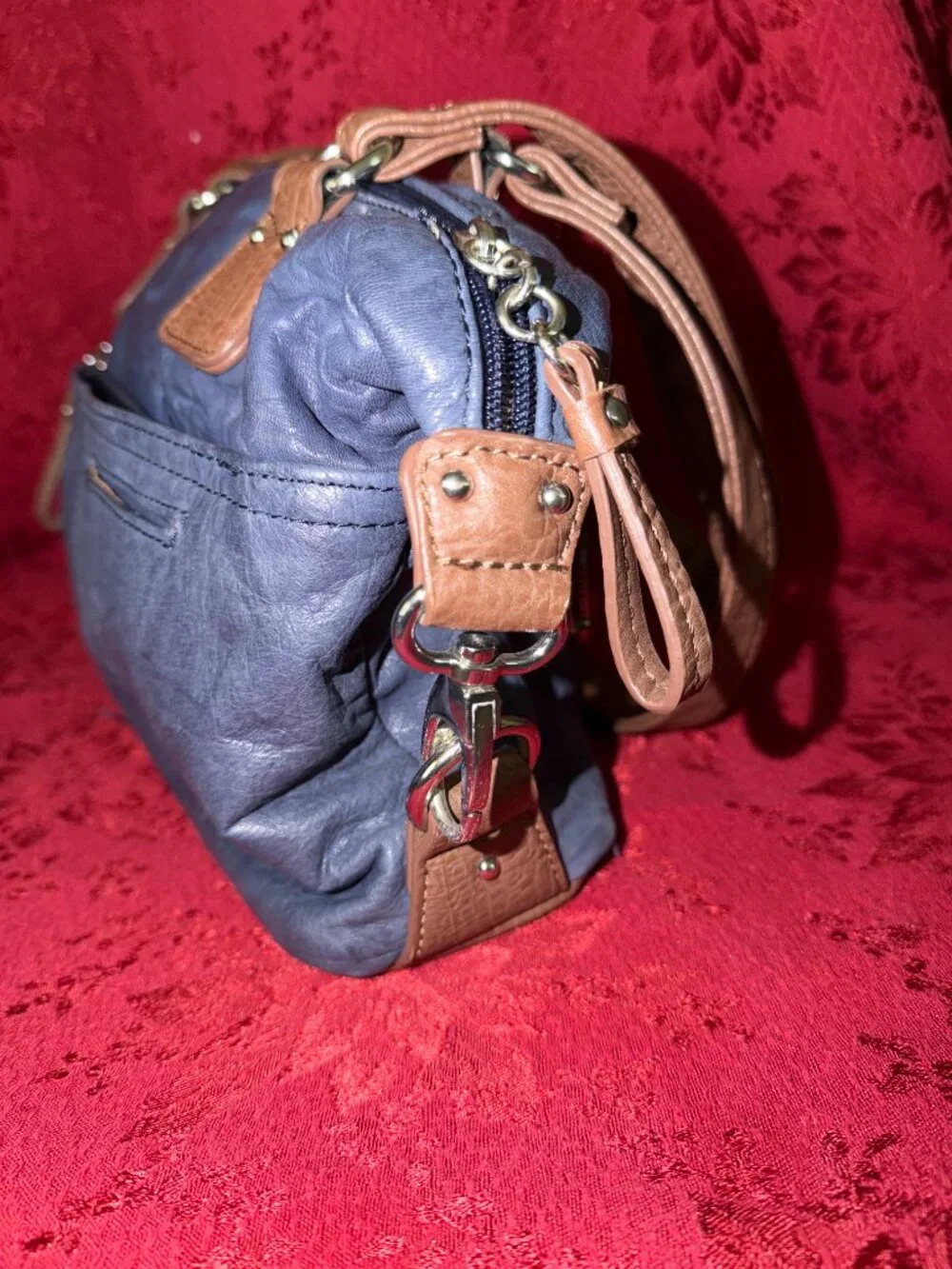 Stone Mountain Leather Navy Blue w/Brown Handles Long Beach Satchel